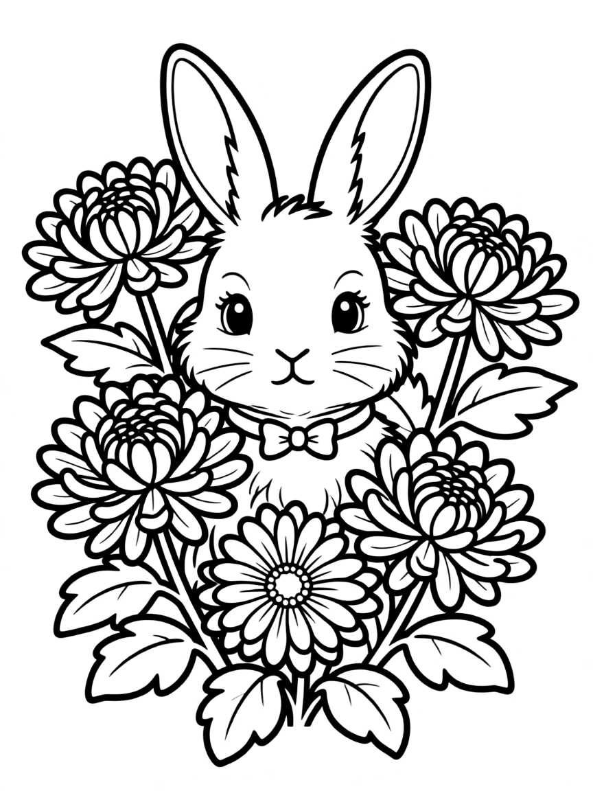 baby bunny hiding behind chrysanthemums coloring page