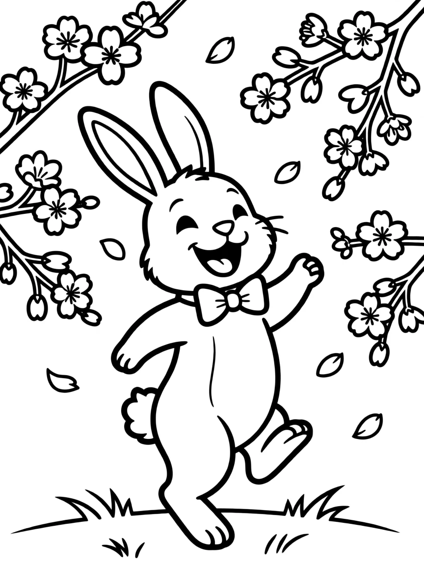 adorable rabbit dancing with cherry blossoms coloring page