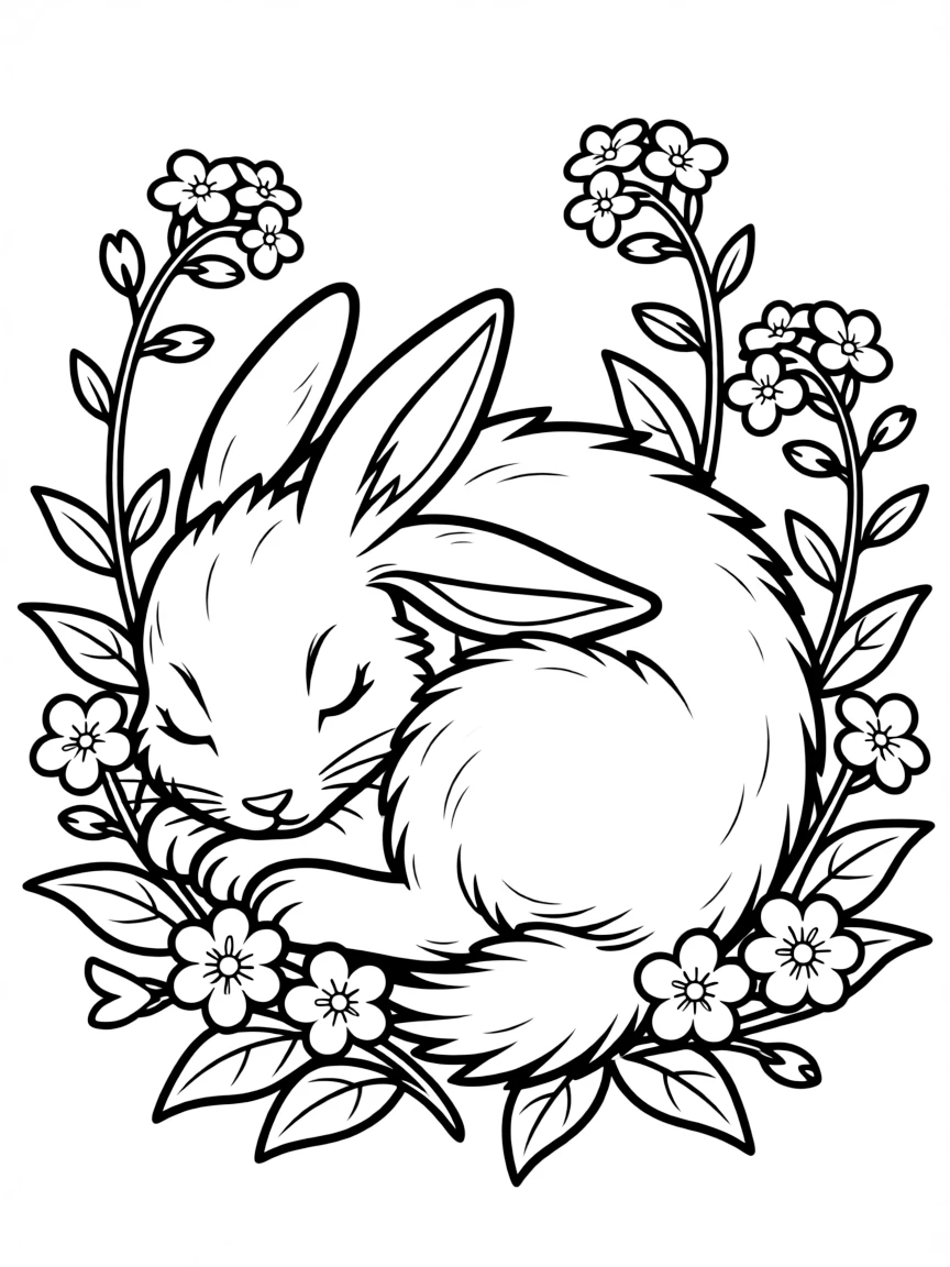 sleepy bunny curled up with forget-me-nots coloring page