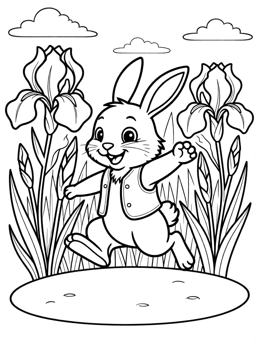 happy rabbit jumping through iris garden coloring page