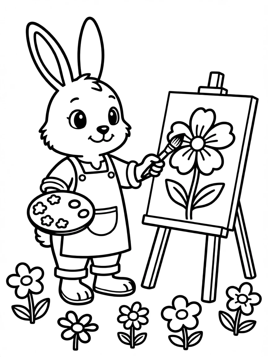 cute bunny painter with palette of flower colors coloring page