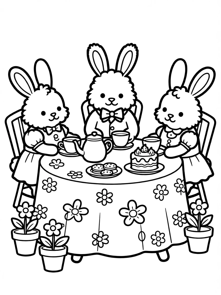 fluffy rabbit tea party with floral tablecloth coloring page