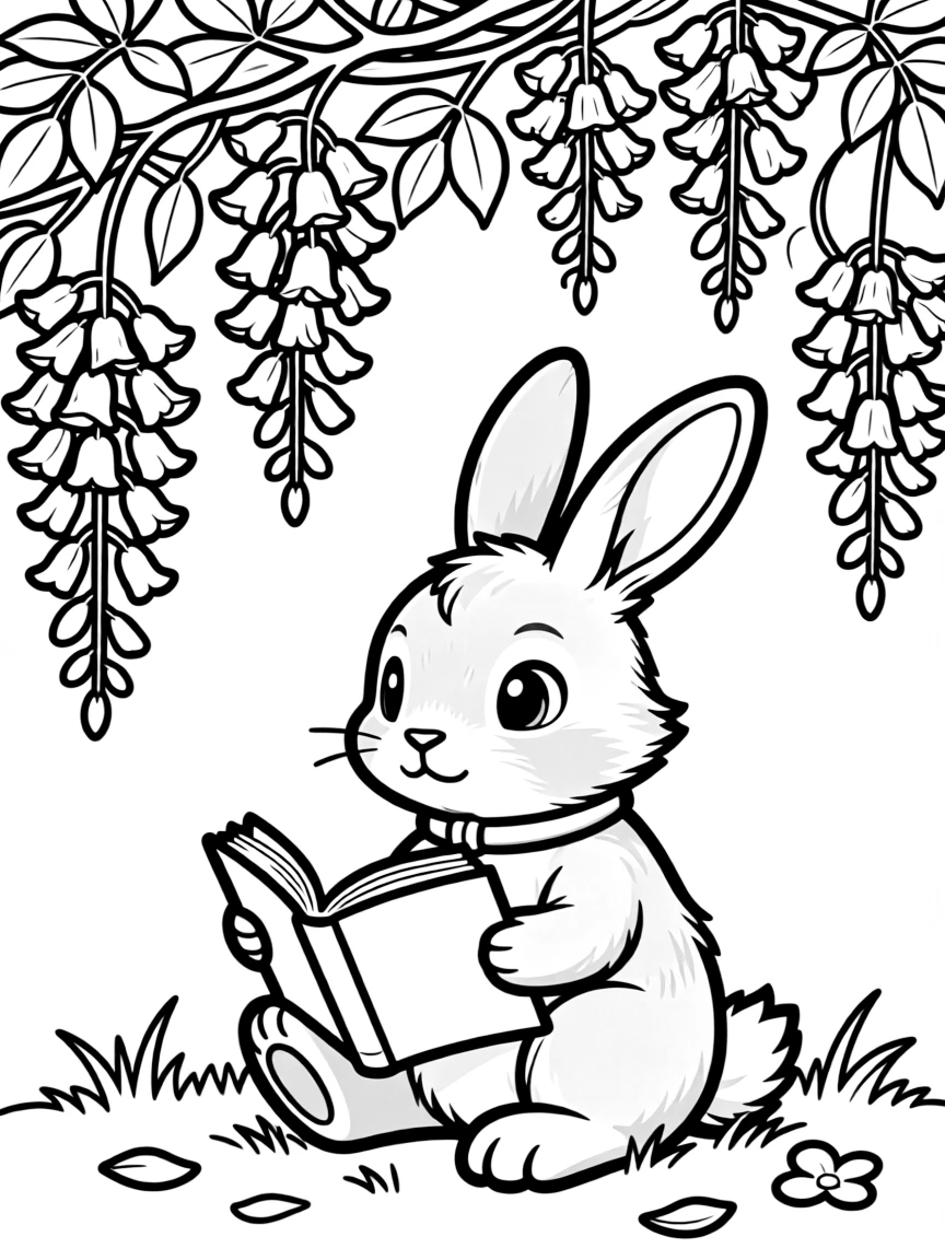 adorable bunny reading book under wisteria vine coloring page