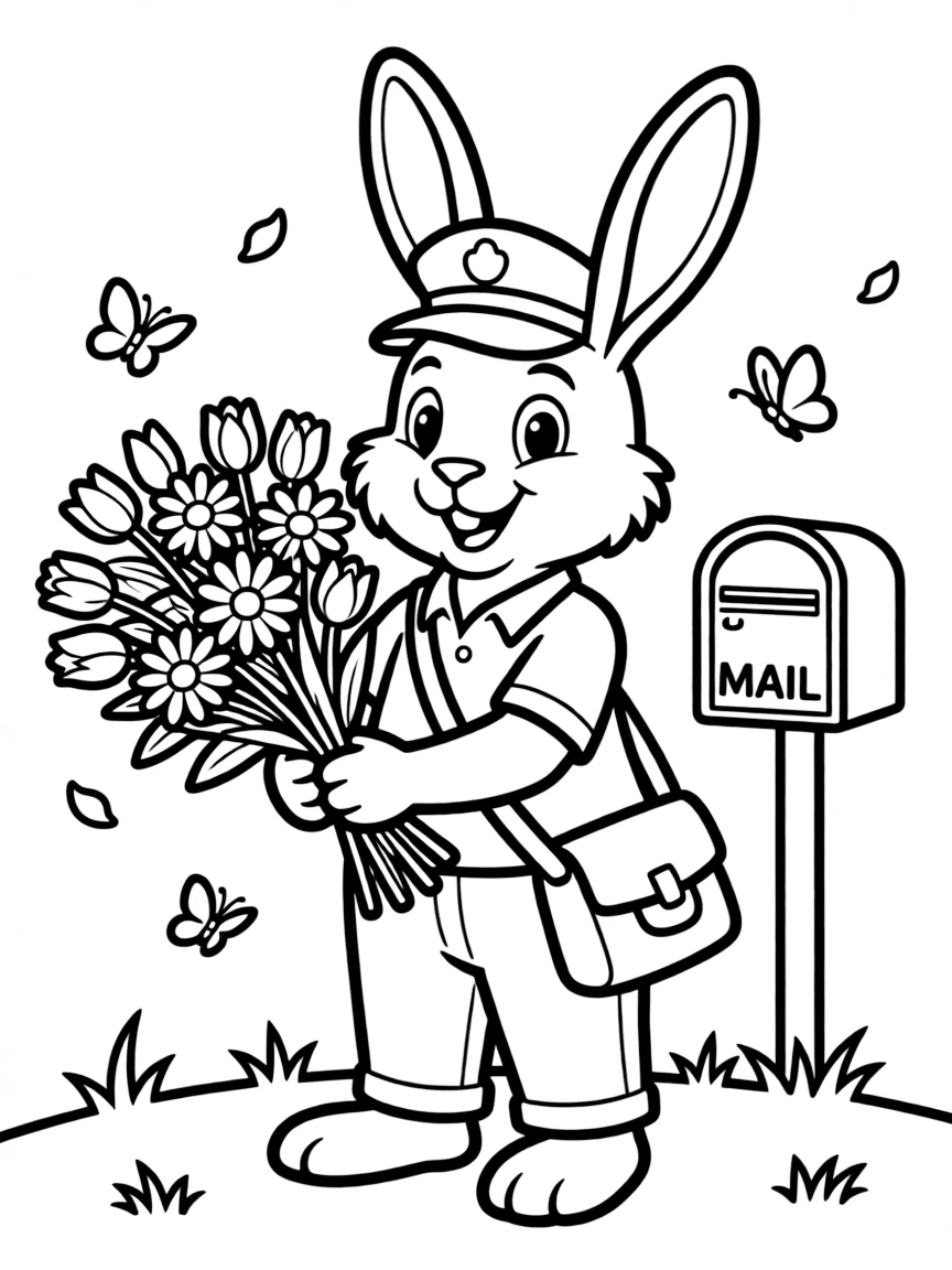 cartoon rabbit mailman delivering flower bouquets coloring page
