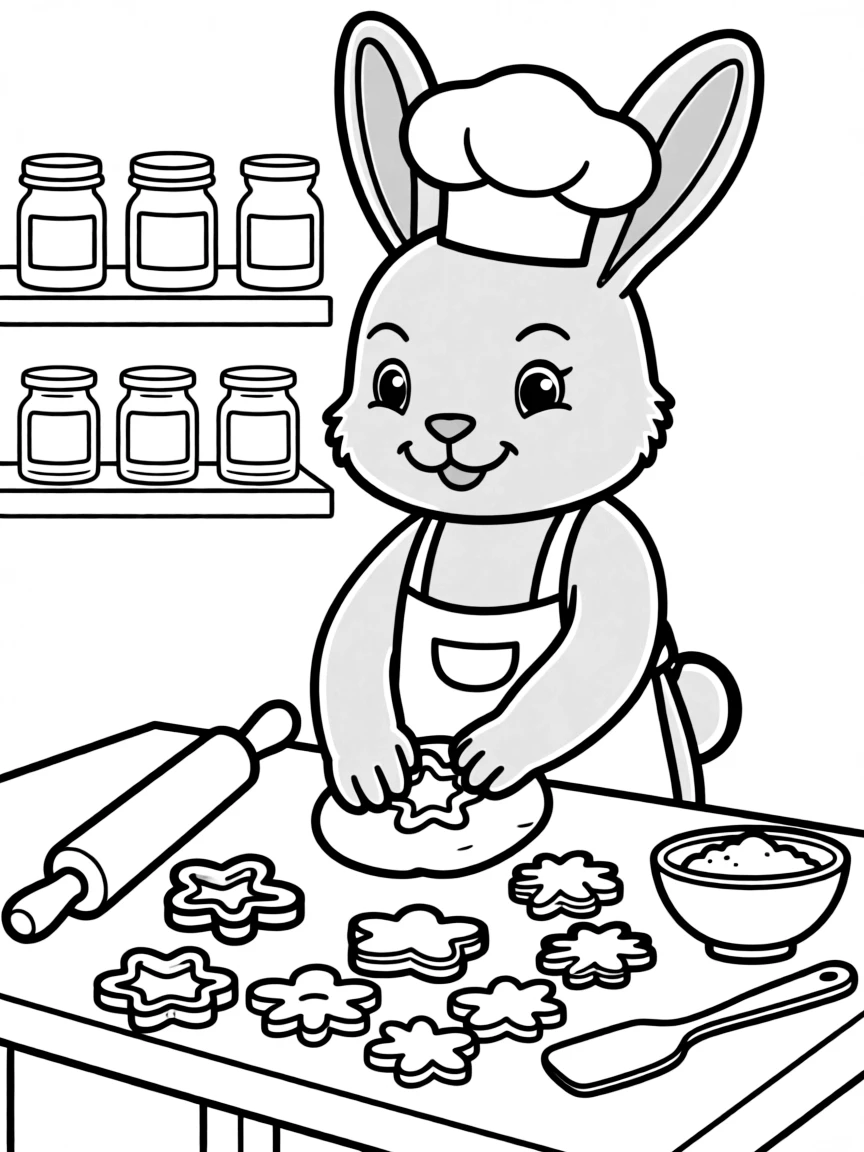 baby bunny baker making flower-shaped cookies coloring page