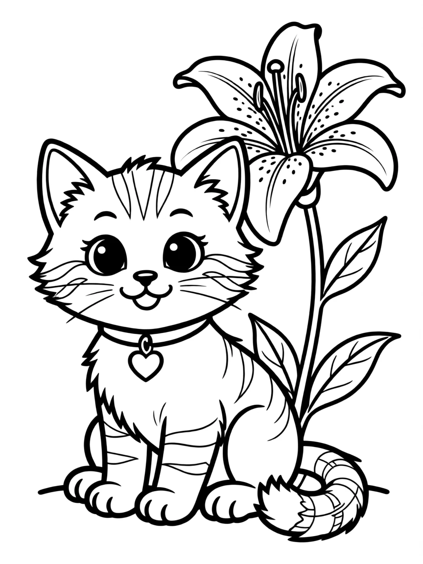 adorable cartoon kitten with lily coloring page