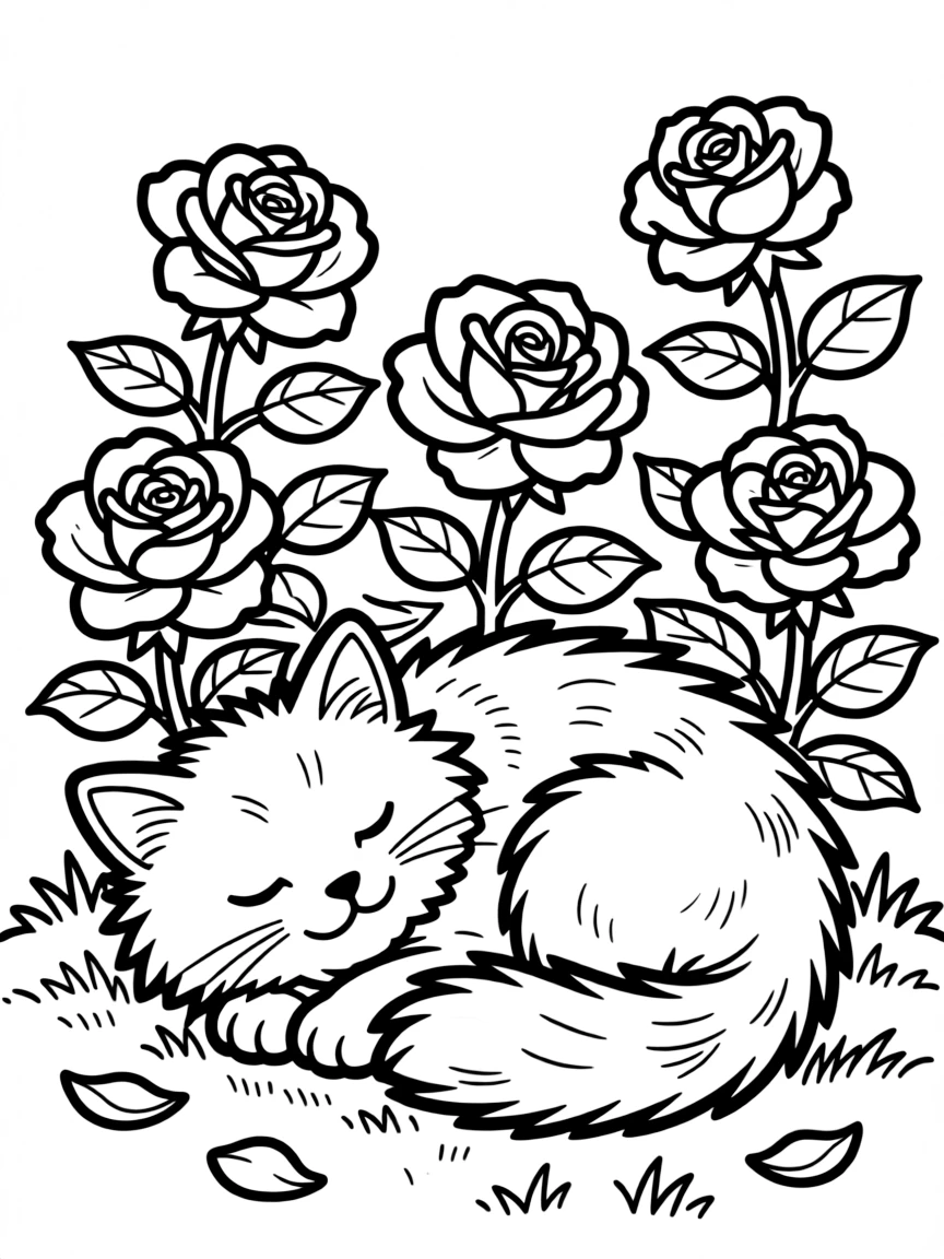 fluffy cat napping in rose garden coloring page
