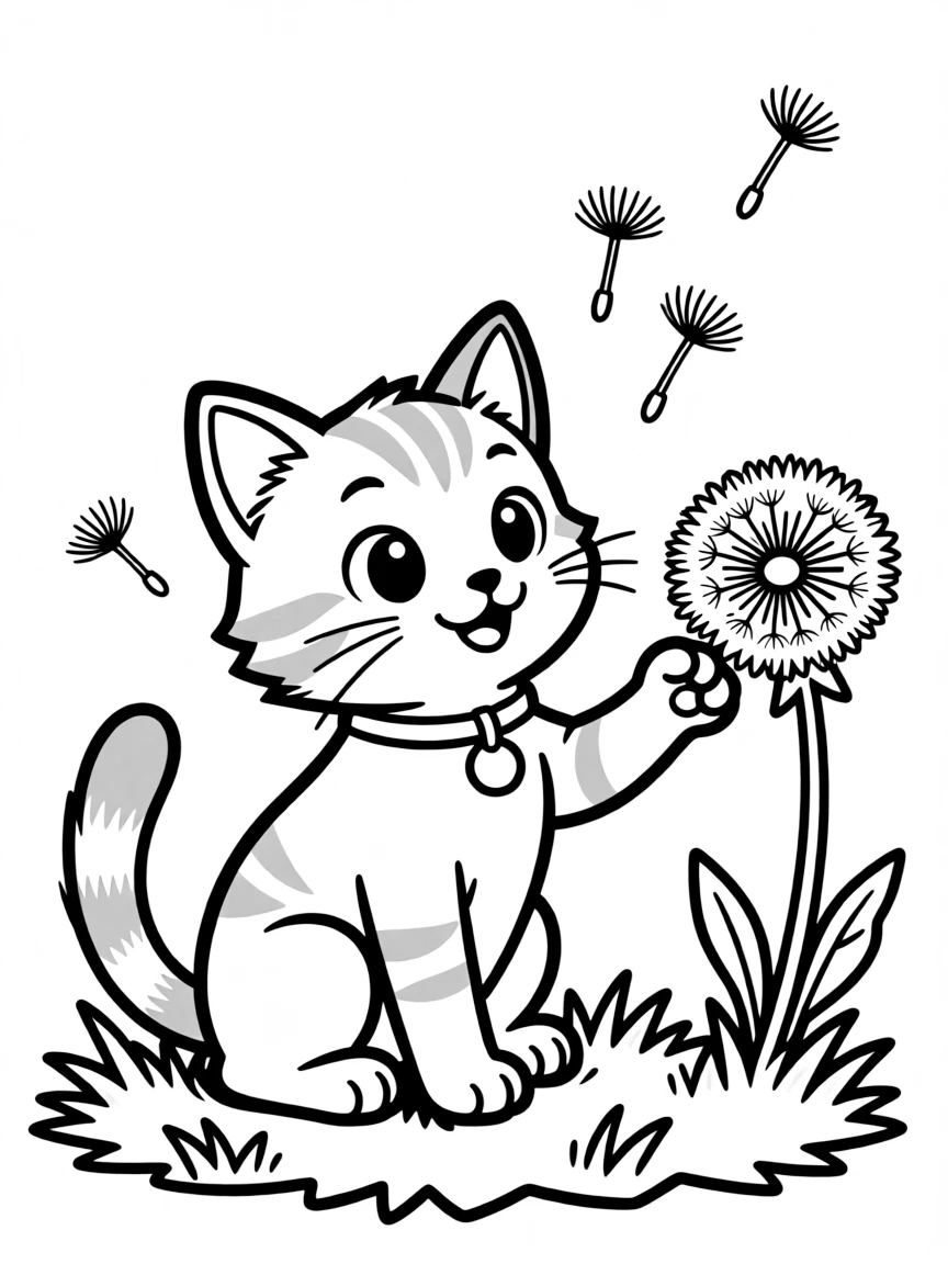cute kitten playing with dandelion seeds coloring page