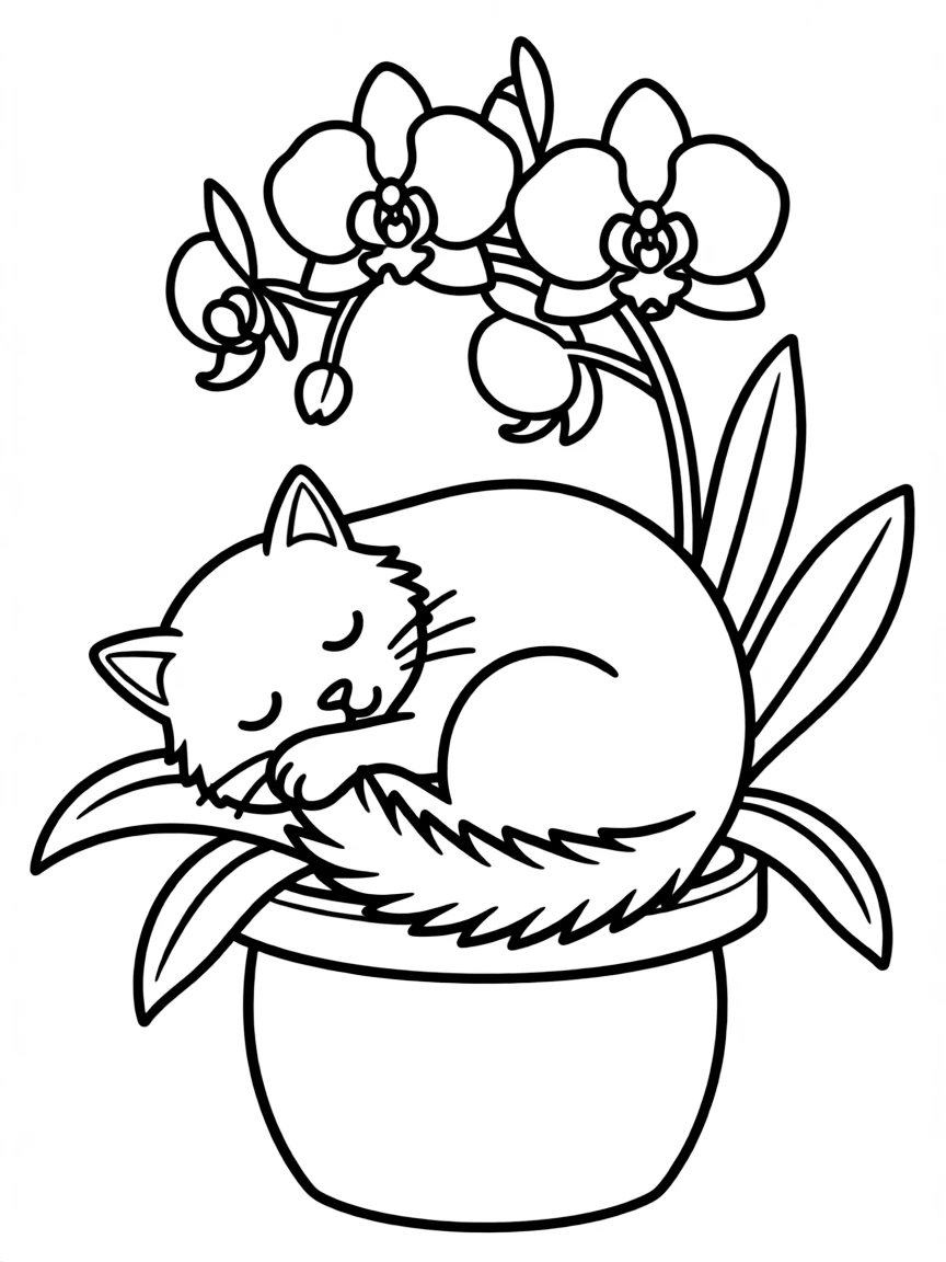 sleepy cat curled around potted orchid coloring page