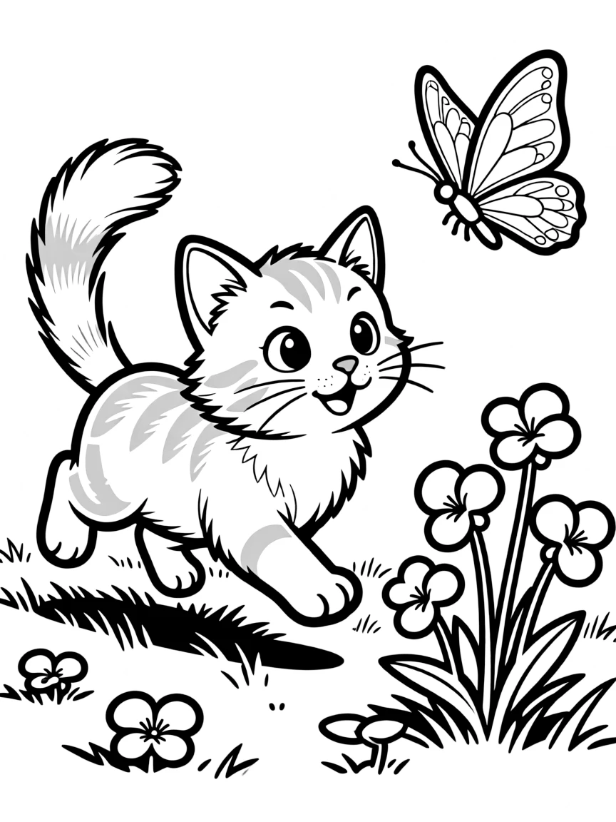 playful kitten chasing butterfly near violets coloring page