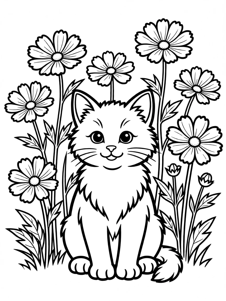 fluffy kitten sitting in field of cosmos flowers coloring page