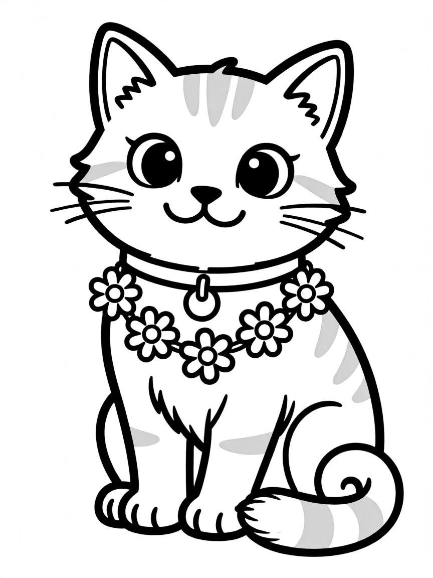 adorable cat wearing daisy chain necklace coloring page