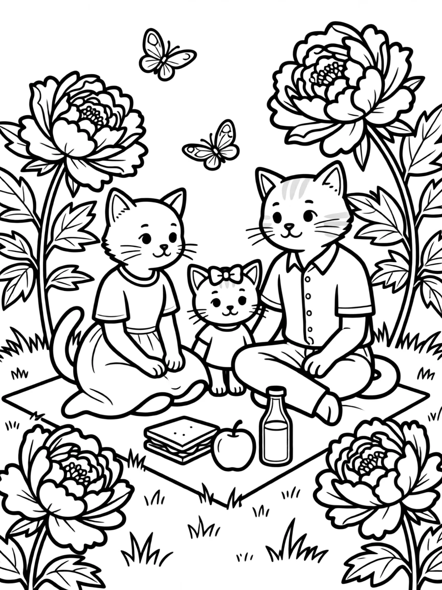 cute cat family picnicking among peonies coloring page
