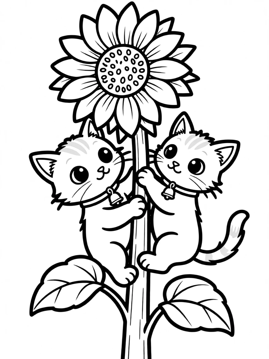 cartoon kitten climbing sunflower stalk coloring page