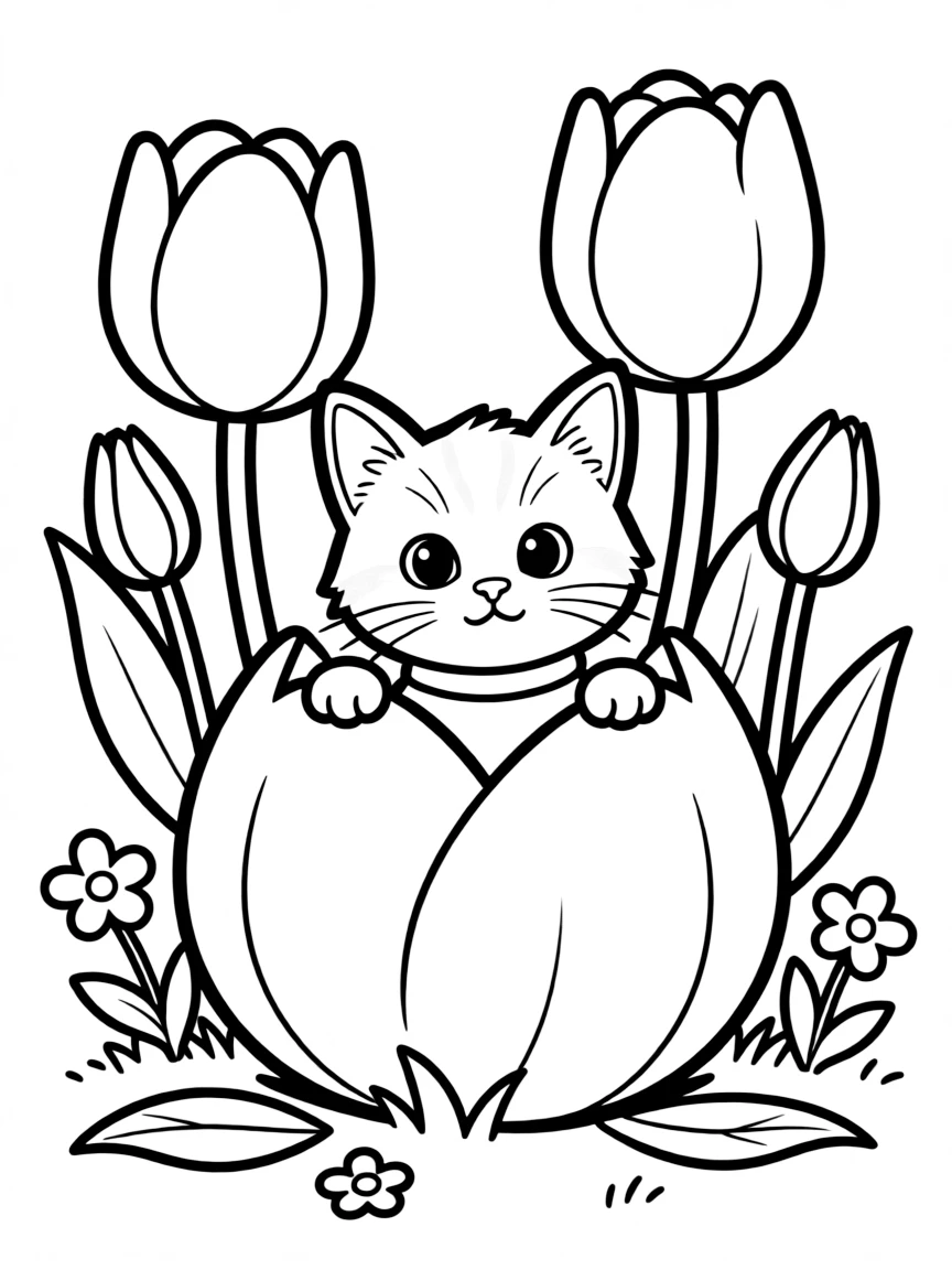 baby cat hiding in tulip bulb garden coloring page