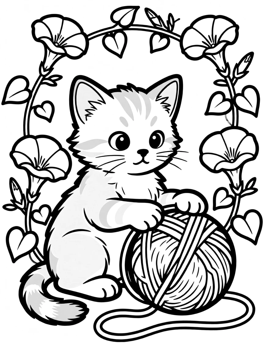 adorable kitten with yarn ball and morning glories coloring page