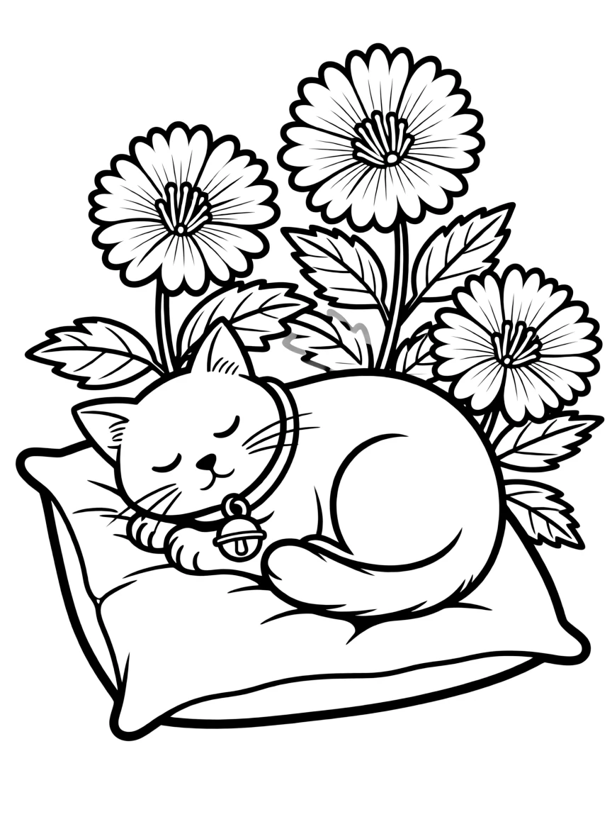 sleepy cat dreaming of catnip flowers coloring page