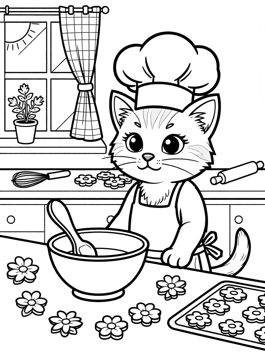 playful kitten chef cooking with edible flowers coloring page