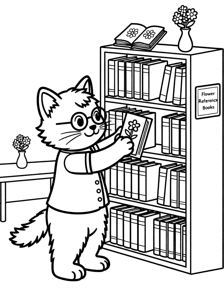 fluffy kitten librarian organizing flower reference books coloring page