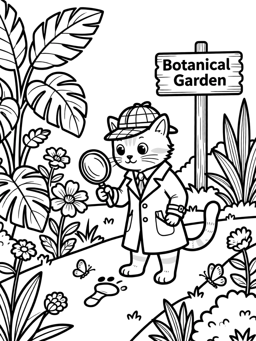 adorable cat detective solving mystery in botanical garden coloring page