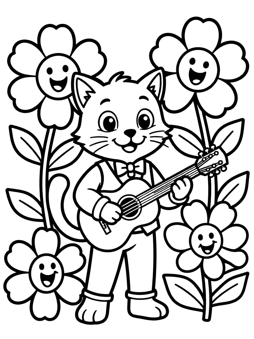 cartoon kitten musician playing among singing flowers coloring page