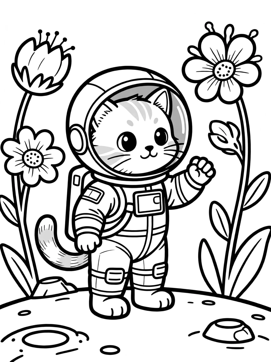 baby cat astronaut discovering alien flowers coloring page