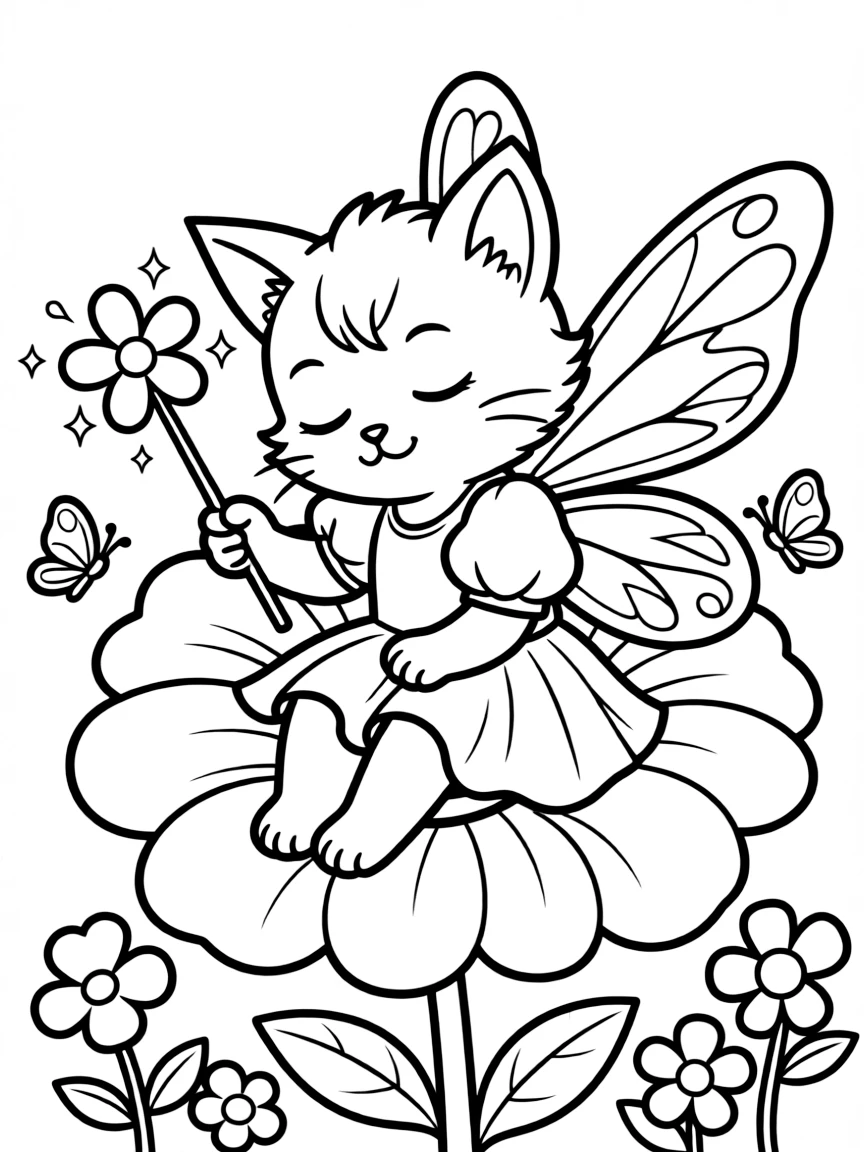 sleepy kitten fairy with magical flower wand coloring page