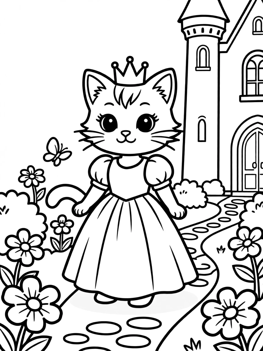 cute cat princess in castle garden coloring page