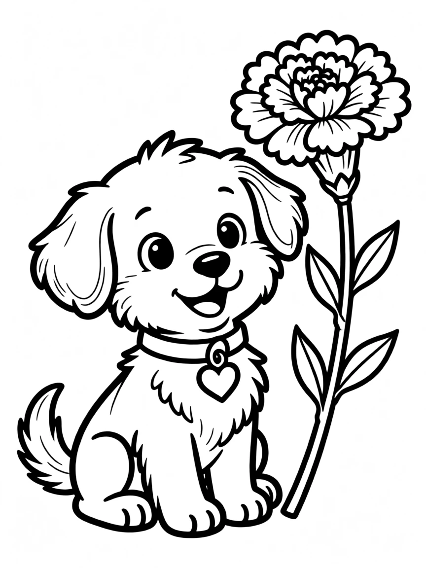 adorable cartoon puppy with carnation coloring page