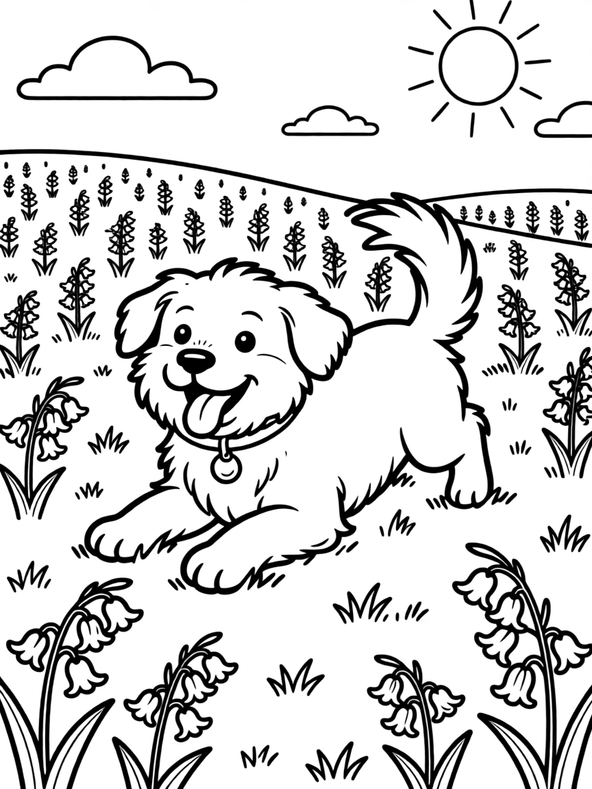 fluffy dog rolling in field of bluebells coloring page