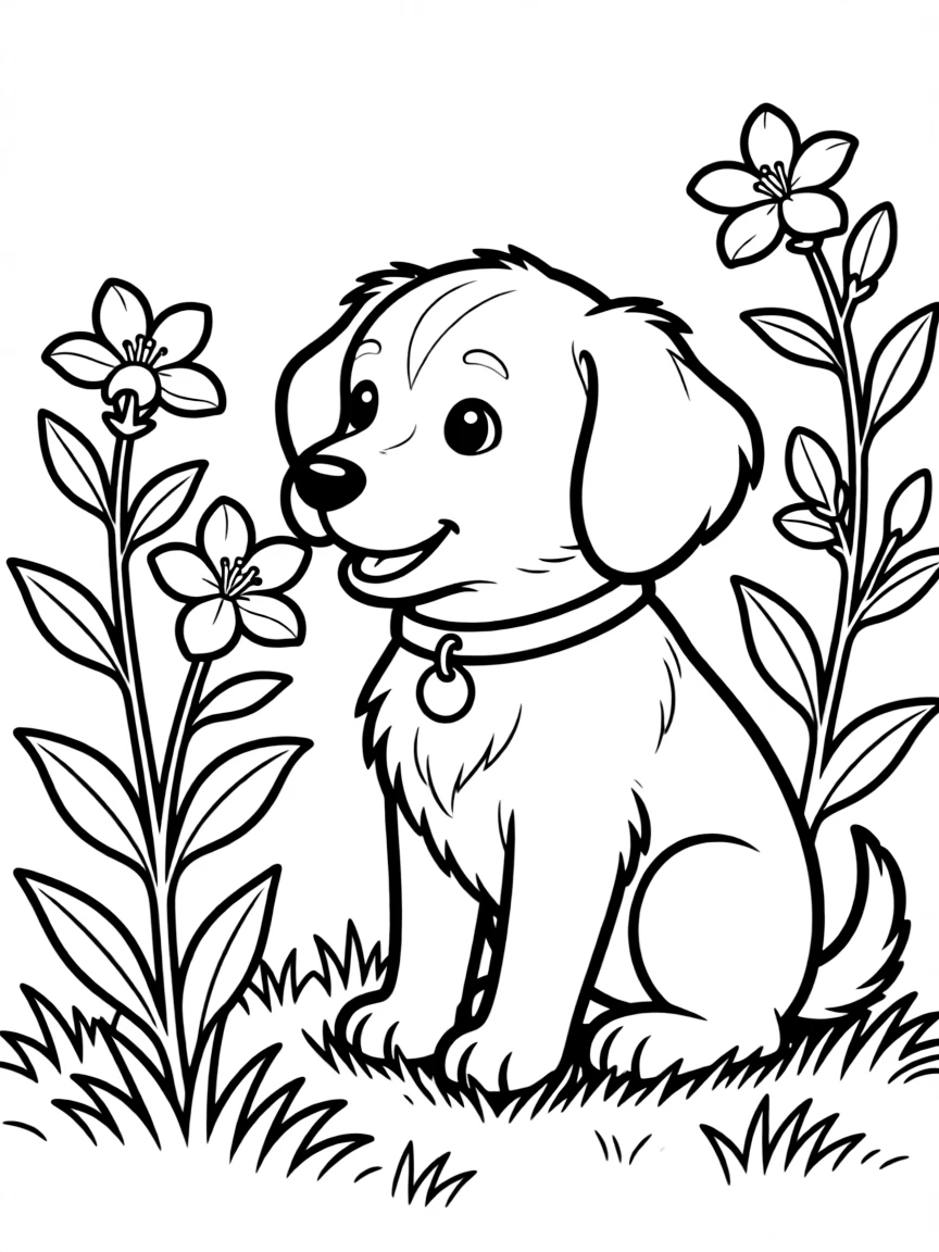 cute puppy sniffing fragrant jasmine flowers coloring page