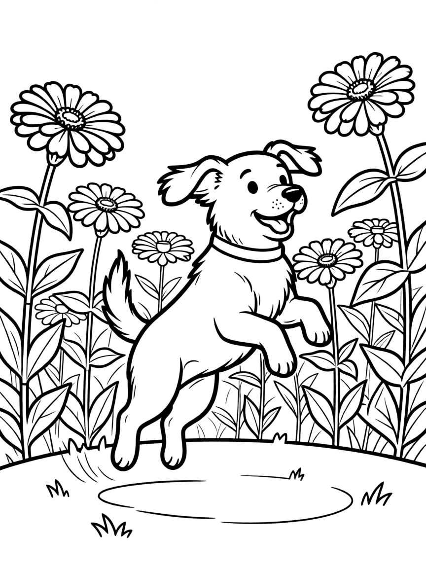 playful dog jumping through field of zinnias coloring page