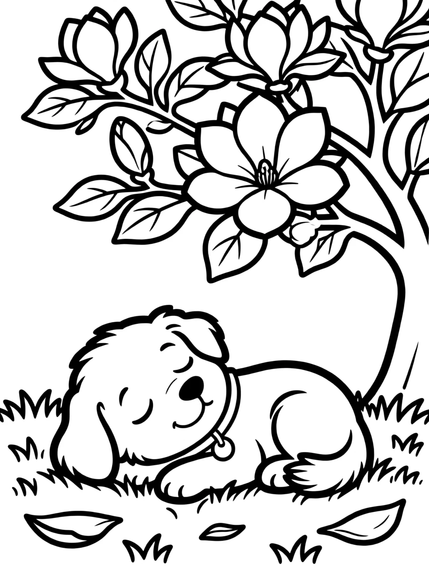 sleepy puppy dreaming under magnolia tree coloring page