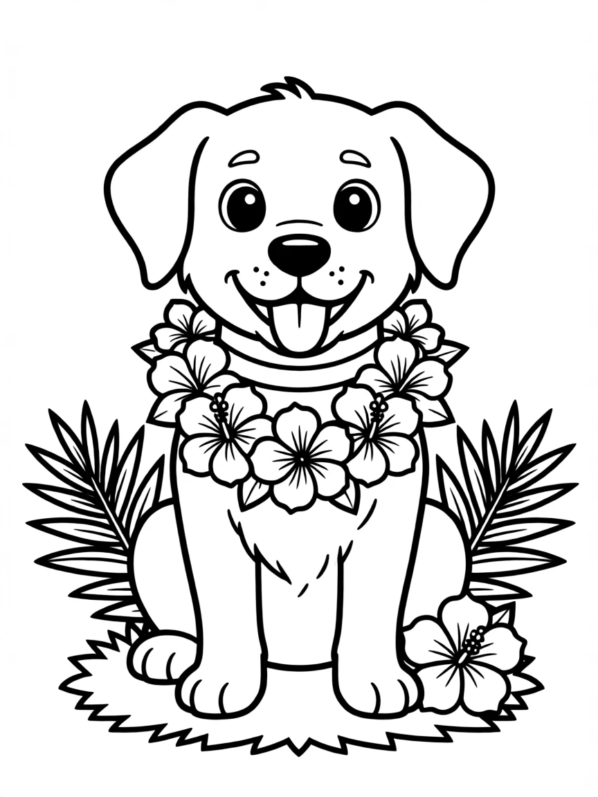 adorable dog wearing lei of hibiscus flowers coloring page