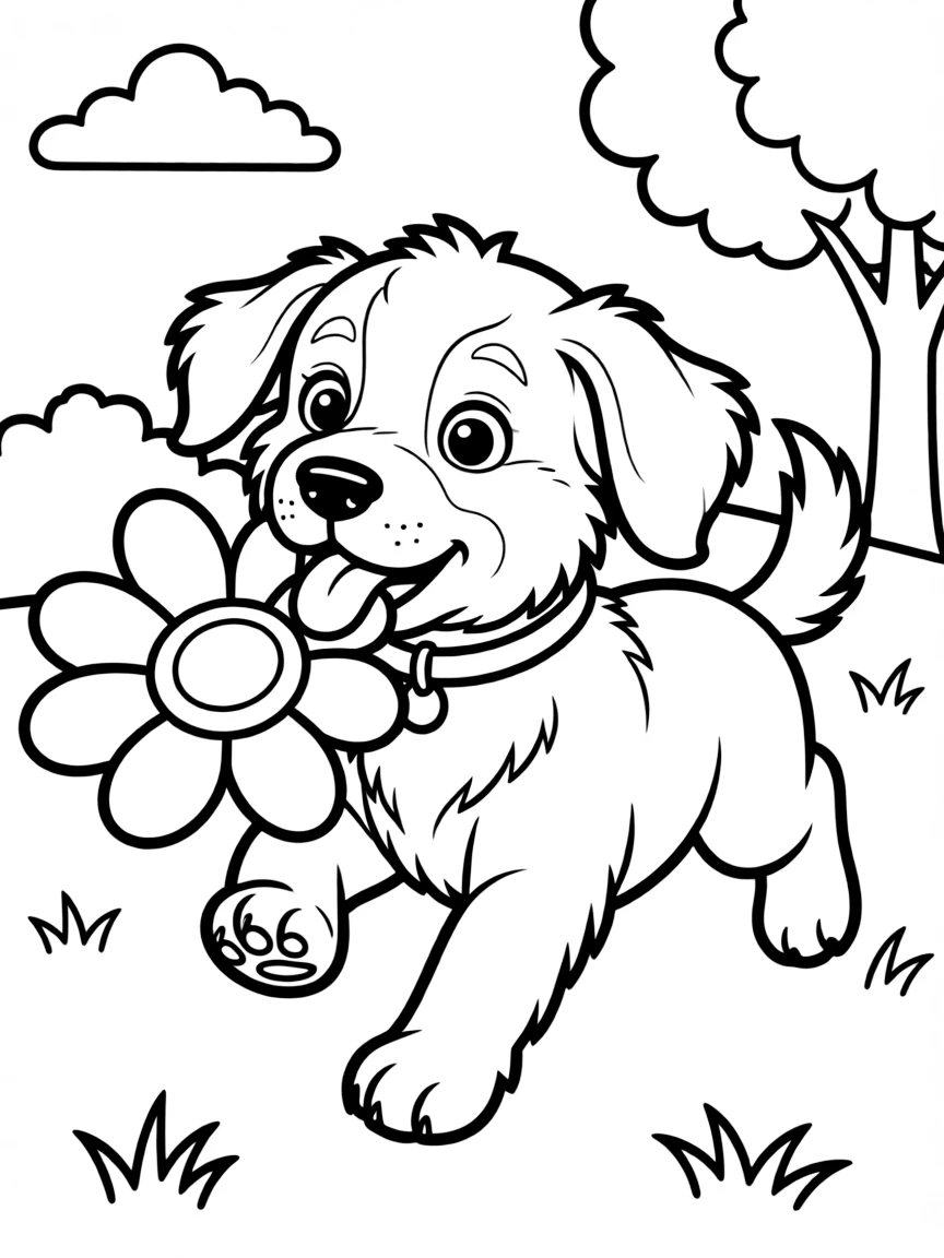 fluffy puppy playing fetch with flower frisbee coloring page