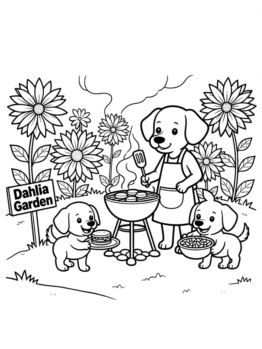 cute dog family having barbecue in dahlia garden coloring page