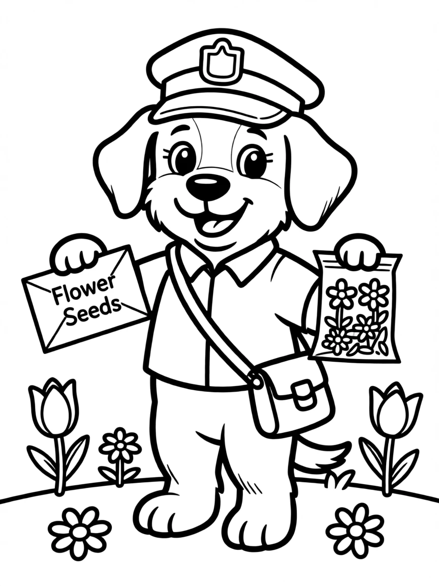 cartoon puppy mailman delivering flower seeds coloring page