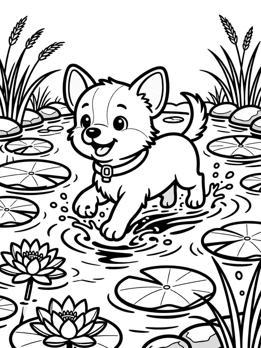 baby dog splashing in pond with water lilies coloring page