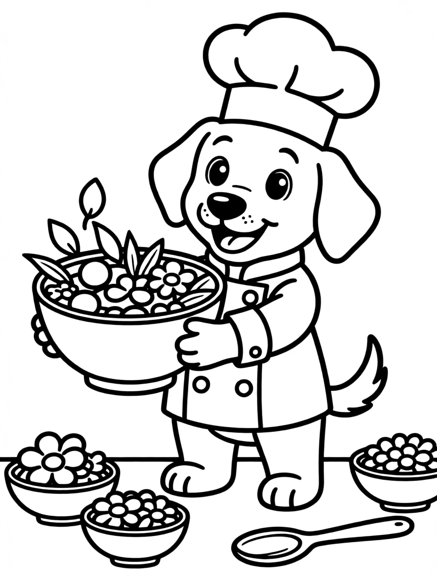 adorable puppy chef making flower salad coloring page