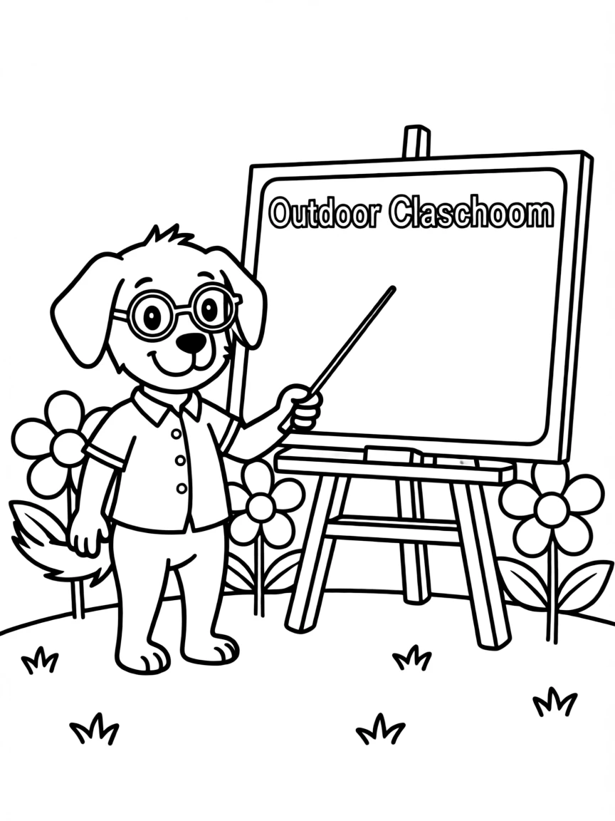 playful dog teacher in outdoor classroom with flowers coloring page