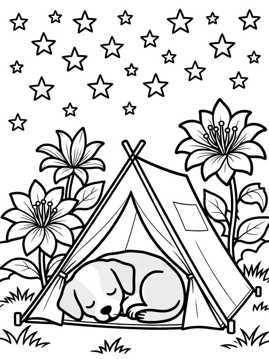 sleepy puppy camping under starry sky with night-blooming flowers coloring page