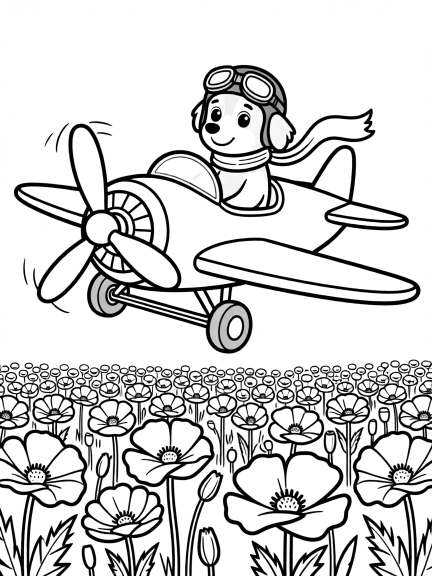 cute dog pilot flying plane over field of poppies coloring page