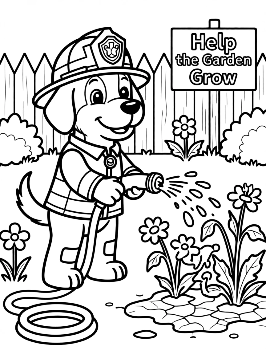 adorable dog firefighter watering drought-stressed garden coloring page