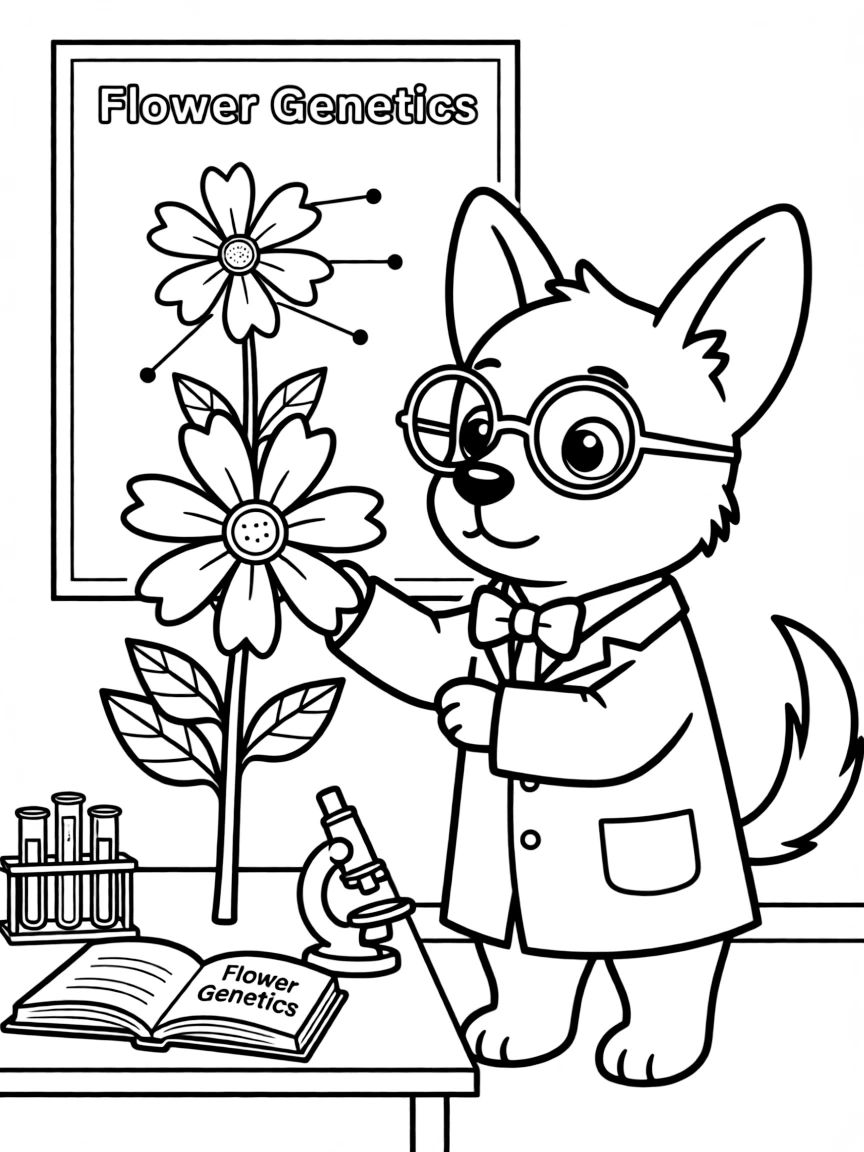cartoon puppy scientist studying flower genetics coloring page