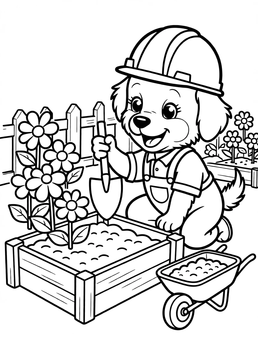 baby dog construction worker building flower beds coloring page
