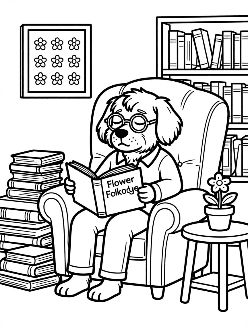 sleepy dog librarian reading about flower folklore coloring page