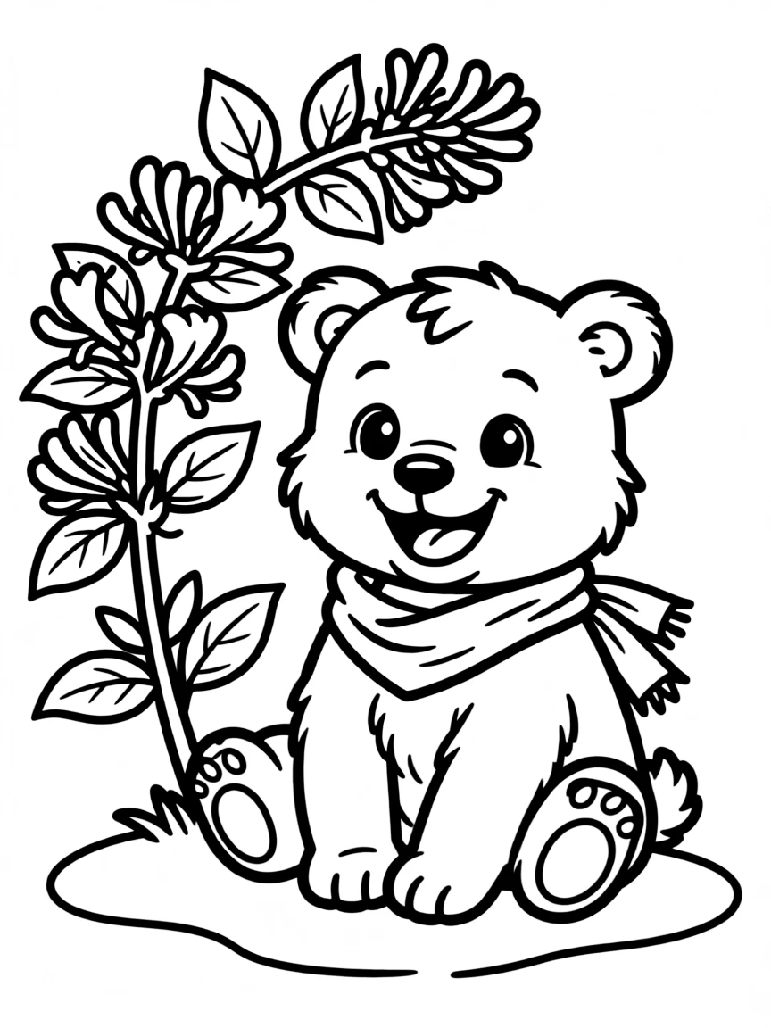adorable cartoon bear cub with honeysuckle coloring page