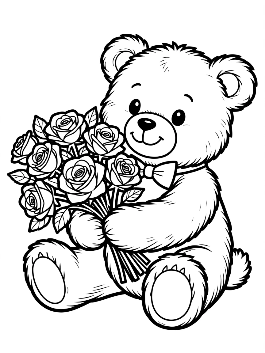fluffy teddy bear hugging bouquet of roses coloring page