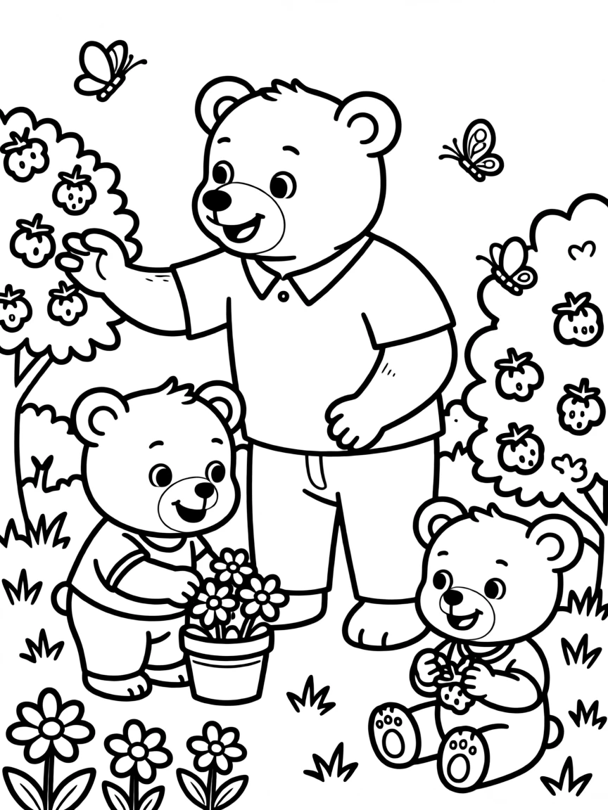 cute bear family picking berries and wildflowers coloring page