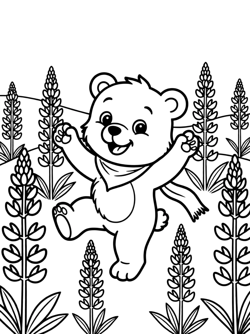 playful bear cub dancing in field of lupines coloring page